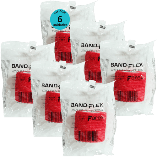 Atadura 5cm Vermelha Band-Flex Autoadesiva Para Animais Farex Kit Com 6